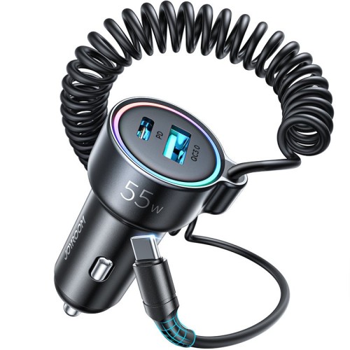 Automobilinis įkroviklis Joyroom JR-CL07 3-in-1 USB/Type-C 55W + Type-C 1.5m juodas