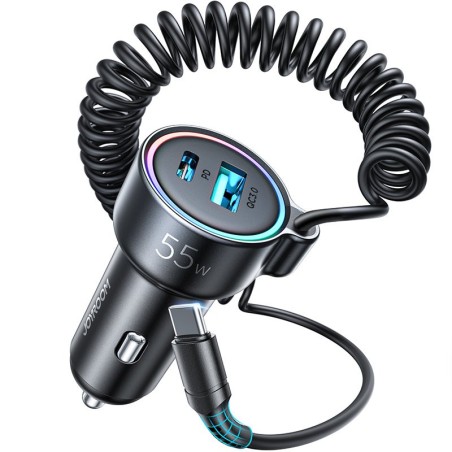 Automobilinis įkroviklis Joyroom JR-CL07 3-in-1 USB/Type-C 55W + Type-C 1.5m juodas