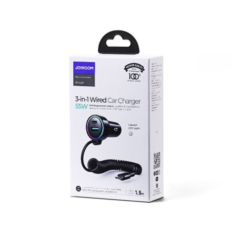 Automobilinis įkroviklis Joyroom JR-CL07 3-in-1 USB/Type-C 55W + Type-C 1.5m juodas