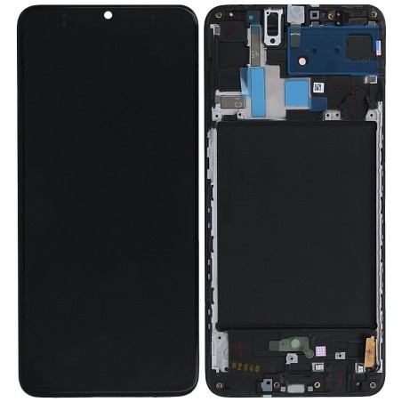 Ekranas Samsung A705 A70 su lietimui jautriu stikliuku ir rėmeliu originalus Black (service pack)