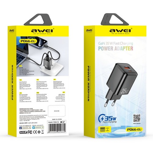 Įkroviklis Awei PD66-EU 35W GaN USB-A/USB-C baltas