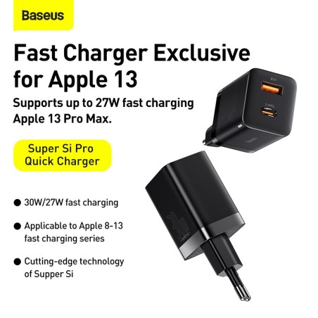Įkroviklis Baseus Super Si Pro 30W USB-C/USB-A juodas CCSUPP-E01