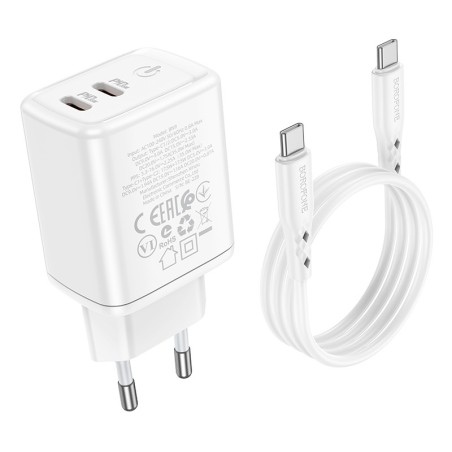 Įkroviklis Borofone BN9 35W 2xUSB-C + USB-C to USB-C cable 1.0m baltas