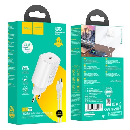 Įkroviklis Hoco N22 25W USB-C + USB-C to Lightning cable 1.0m baltas