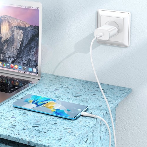 Įkroviklis Hoco N22 25W USB-C + USB-C to USB-C cable 1.0m baltas