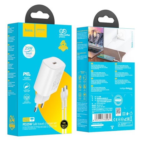 Įkroviklis Hoco N22 25W USB-C + USB-C to USB-C cable 1.0m baltas
