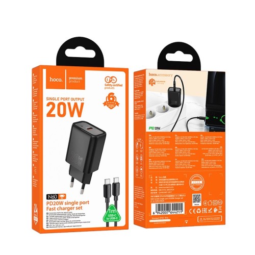 Įkroviklis Hoco N60 20W GaN USB-C + USB-C to USB-C cable 1.0m juodas