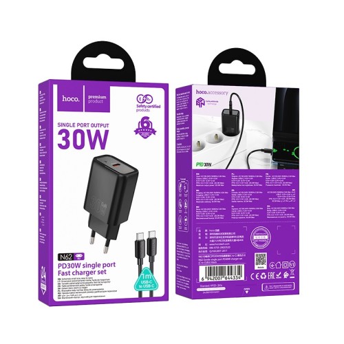 Įkroviklis Hoco N62 30W GaN USB-C + USB-C to USB-C cable 1.0m juodas