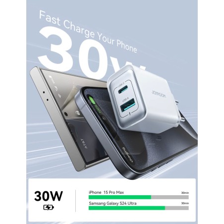 Įkroviklis Joyroom JR-TCF15 30W USB-C/USB-A baltas