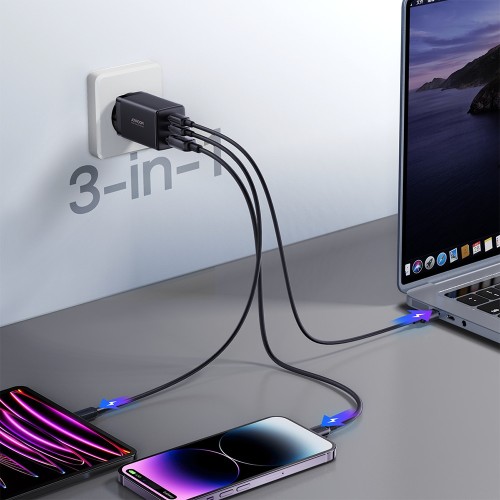 Įkroviklis Joyroom JR-TCG01 65W GaN 2xUSB-C/USB-A + USB-C to USB-C cable 1.2m juodas
