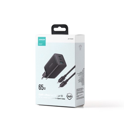Įkroviklis Joyroom JR-TCG01 65W GaN 2xUSB-C/USB-A + USB-C to USB-C cable 1.2m juodas
