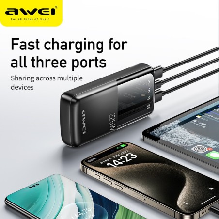 Išorinė baterija Power Bank Awei P13K PD20W/QC22.5W 20000mAh juoda