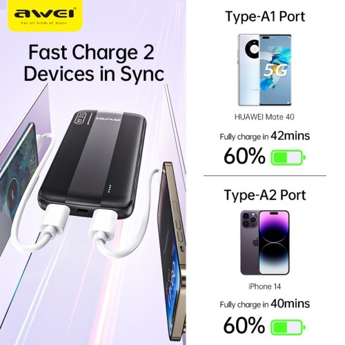 Išorinė baterija Power Bank Awei P20K 5V/2.4A 10000mAh juoda