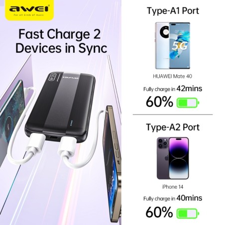 Išorinė baterija Power Bank Awei P20K 5V/2.4A 10000mAh juoda