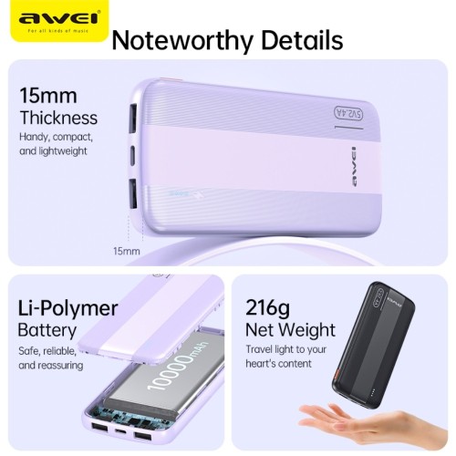 Išorinė baterija Power Bank Awei P20K 5V/2.4A 10000mAh juoda