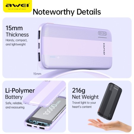 Išorinė baterija Power Bank Awei P20K 5V/2.4A 10000mAh juoda