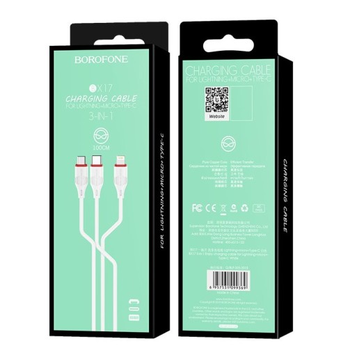 USB kabelis Borofone BX17 3in1 microUSB-Lightning-Type-C baltas