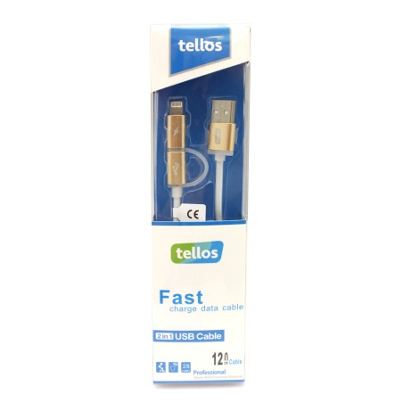 USB kabelis Tellos TPE 2in1 microUSB-Lightning auksinis, 1.2m