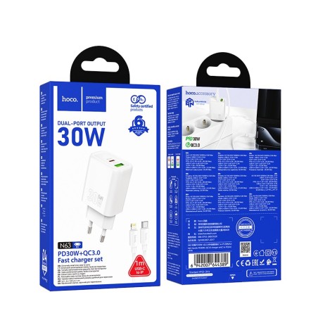 Įkroviklis Hoco N63 30W GaN USB-C/USB-A + USB-C to Lightning cable 1.0m baltas
