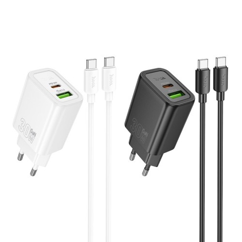 Įkroviklis Hoco N63 30W GaN USB-C/USB-A + USB-C to USB-C cable 1.0m baltas