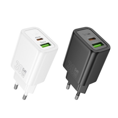 Įkroviklis Hoco N63 30W GaN USB-C/USB-A baltas