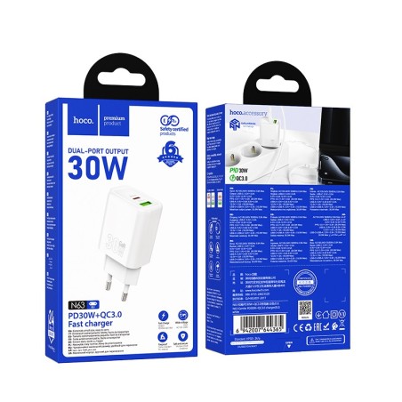 Įkroviklis Hoco N63 30W GaN USB-C/USB-A baltas