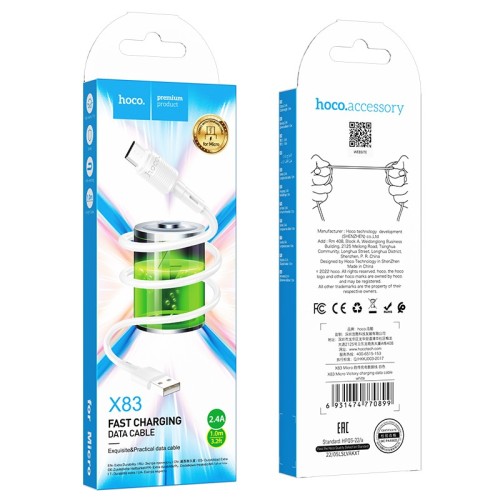 USB kabelis Hoco X83 USB-A to MicroUSB 1.0m baltas