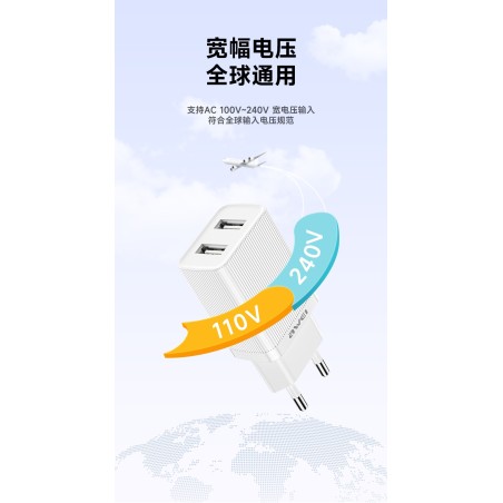 Įkroviklis Awei C15T-EU 10W 2xUSB-A + USB-A to USB-C cable 1.0m baltas
