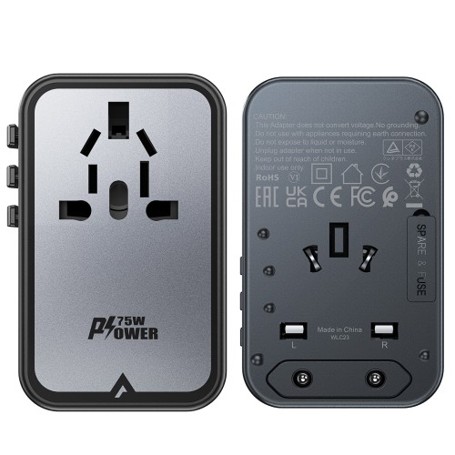 Universalus kelioninis įkroviklis Acefast Z1 75W GaN 2xUSB-A/3xUSB-C juodas