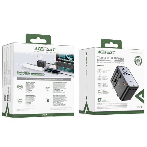 Universalus kelioninis įkroviklis Acefast Z1 75W GaN 2xUSB-A/3xUSB-C juodas