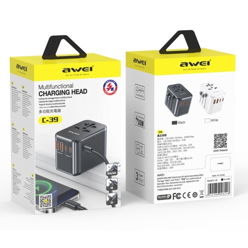 Universalus kelioninis įkroviklis Awei C-39 35W GaN 2xUSB-A/3xUSB-C juodas