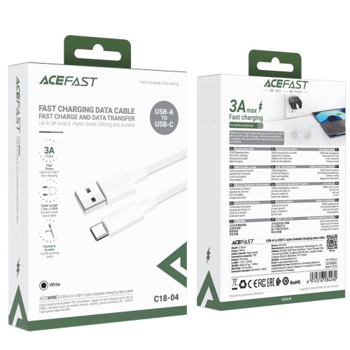 USB kabelis Acefast C18-04 USB-A to USB-C 1.2m baltas