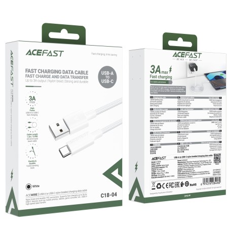 USB kabelis Acefast C18-04 USB-A to USB-C 1.2m baltas