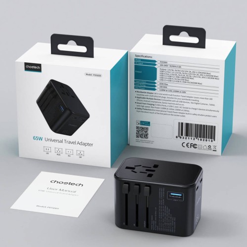 Universalus kelioninis įkroviklis Choetech PD5009 65W 2xUSB-C/USB-A juodas
