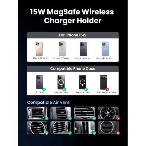 Automobilinis laikiklis-įkroviklis Ugreen W708 MagSafe 15W (35970) juodas
