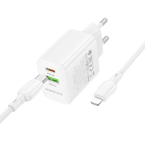 Įkroviklis Borofone BN29 30W USB-C/USB-A + USB-C to Lightning cable 1.0m baltas