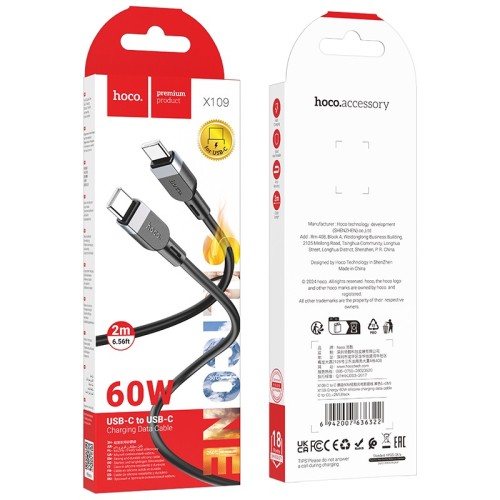USB kabelis Hoco X109 60W USB-C to USB-C 2.0m juodas