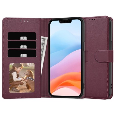 Dėklas Fancy Wallet Apple iPhone 13/14 tamsiai raudonas