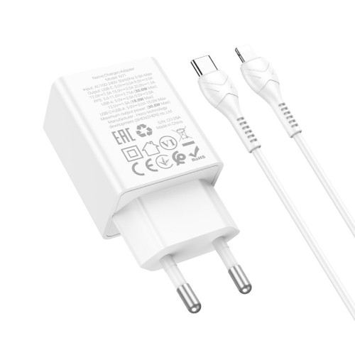 Įkroviklis Hoco N71 30W GaN USB-C/USB-A + USB-C to Lightning cable 1.0m baltas