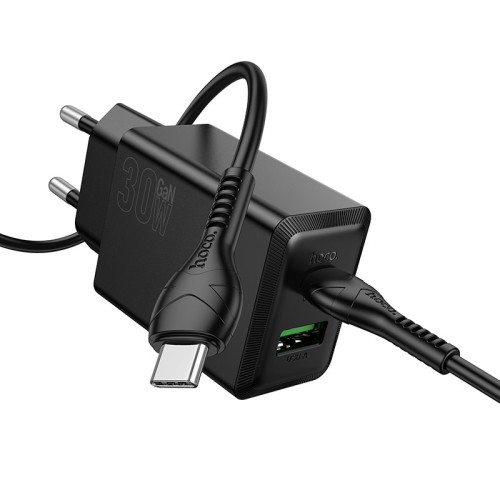 Įkroviklis Hoco N71 30W GaN USB-C/USB-A + USB-C to USB-C cable 1.0m juodas