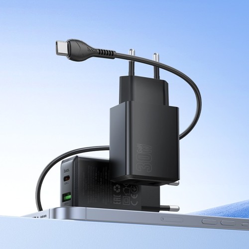 Įkroviklis Hoco N71 30W GaN USB-C/USB-A + USB-C to USB-C cable 1.0m juodas
