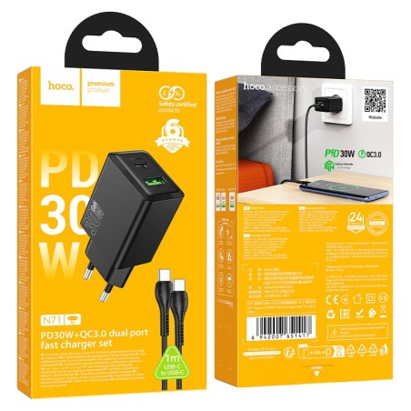 Įkroviklis Hoco N71 30W GaN USB-C/USB-A + USB-C to USB-C cable 1.0m juodas