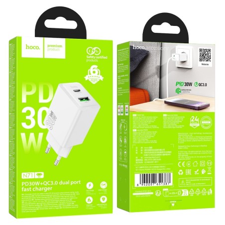 Įkroviklis Hoco N71 30W GaN USB-C/USB-A baltas