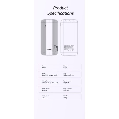 Išorinė baterija Power Bank Awei P19K 5V/2.4A 20000mAh juoda