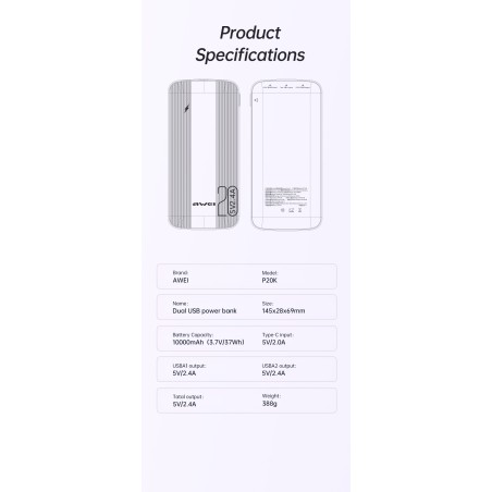 Išorinė baterija Power Bank Awei P19K 5V/2.4A 20000mAh juoda