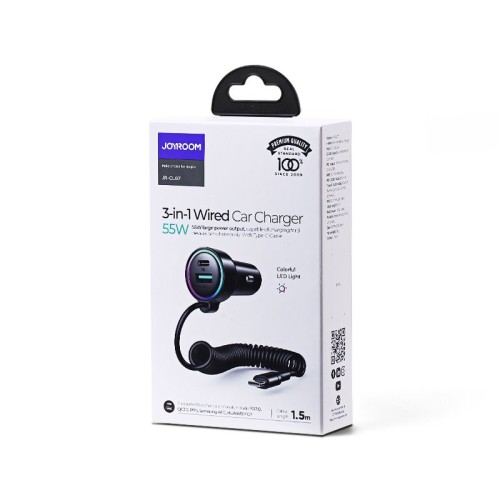 Automobilinis įkroviklis Joyroom JR-CL07 3-in-1 USB/Type-C 55W + Type-C 1.5m juodas