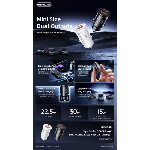 Automobilinis įkroviklis Remax RCC358 30W USB-C/USB-A juodas