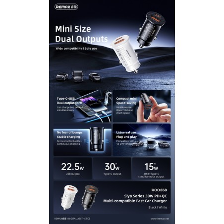 Automobilinis įkroviklis Remax RCC358 30W USB-C/USB-A juodas