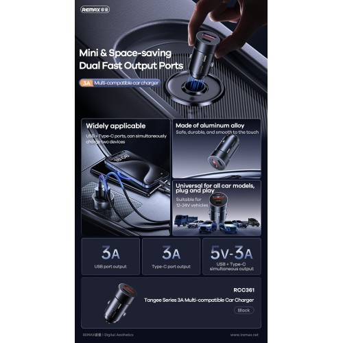 Automobilinis įkroviklis Remax RCC361 15W USB-C/USB-A juodas