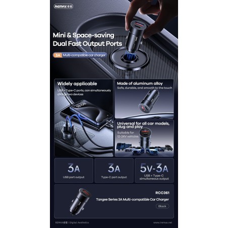 Automobilinis įkroviklis Remax RCC361 15W USB-C/USB-A juodas